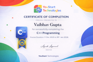 C++ Programming course completion certificate issued by YouStart Technologies to Vaibhav Gupta in Jaipur