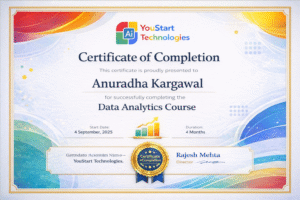 Data Analytics course completion certificate issued by YouStart Technologies to Anuradha Kargawal in Jaipur