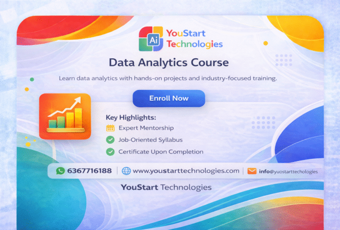 Data Analytics course card by YouStart Technologies offering job-oriented data analytics training in Jaipur
