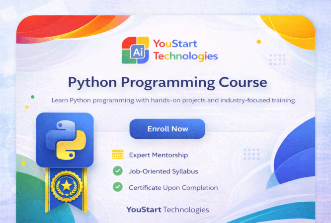 Python Programming course card by YouStart Technologies offering job-oriented IT training in Jaipur
