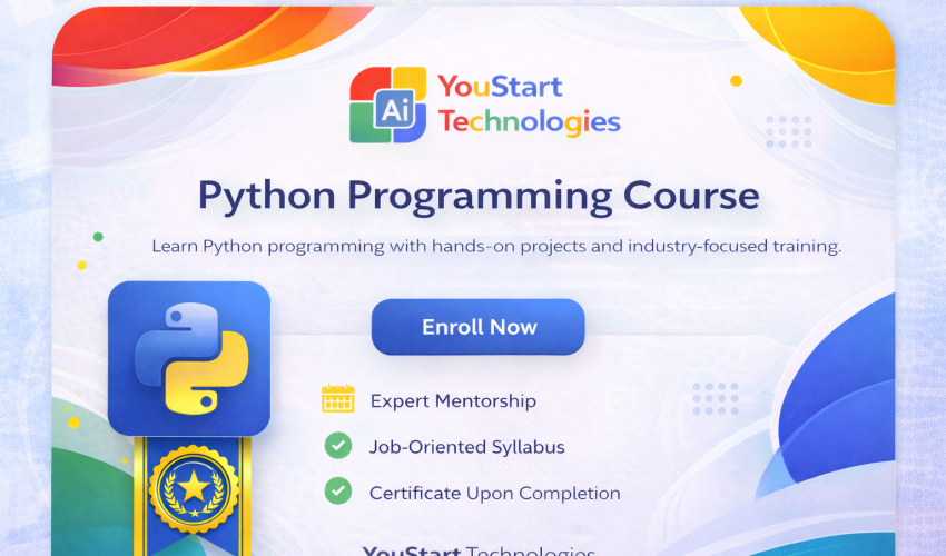 Python Programming course card by YouStart Technologies offering job-oriented IT training in Jaipur